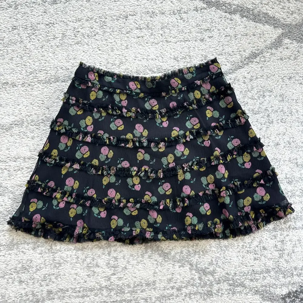 Marc Jacobs Black Silk Mini Skirt Floral Print Size 8